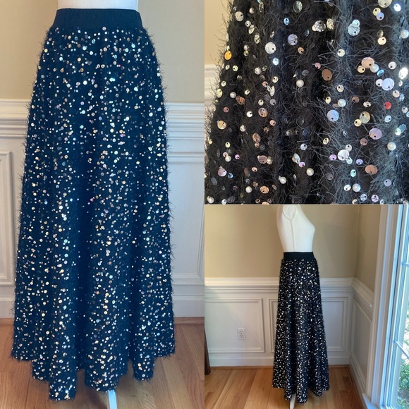 ZARA Black Fuzzy Fur Sweater Sequin Pearl Full Maxi Skirt